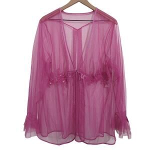 Intimate Attitudes Women Sz 1X Pink Purple Y2K Sheer Lace Sequin Robe Romantic